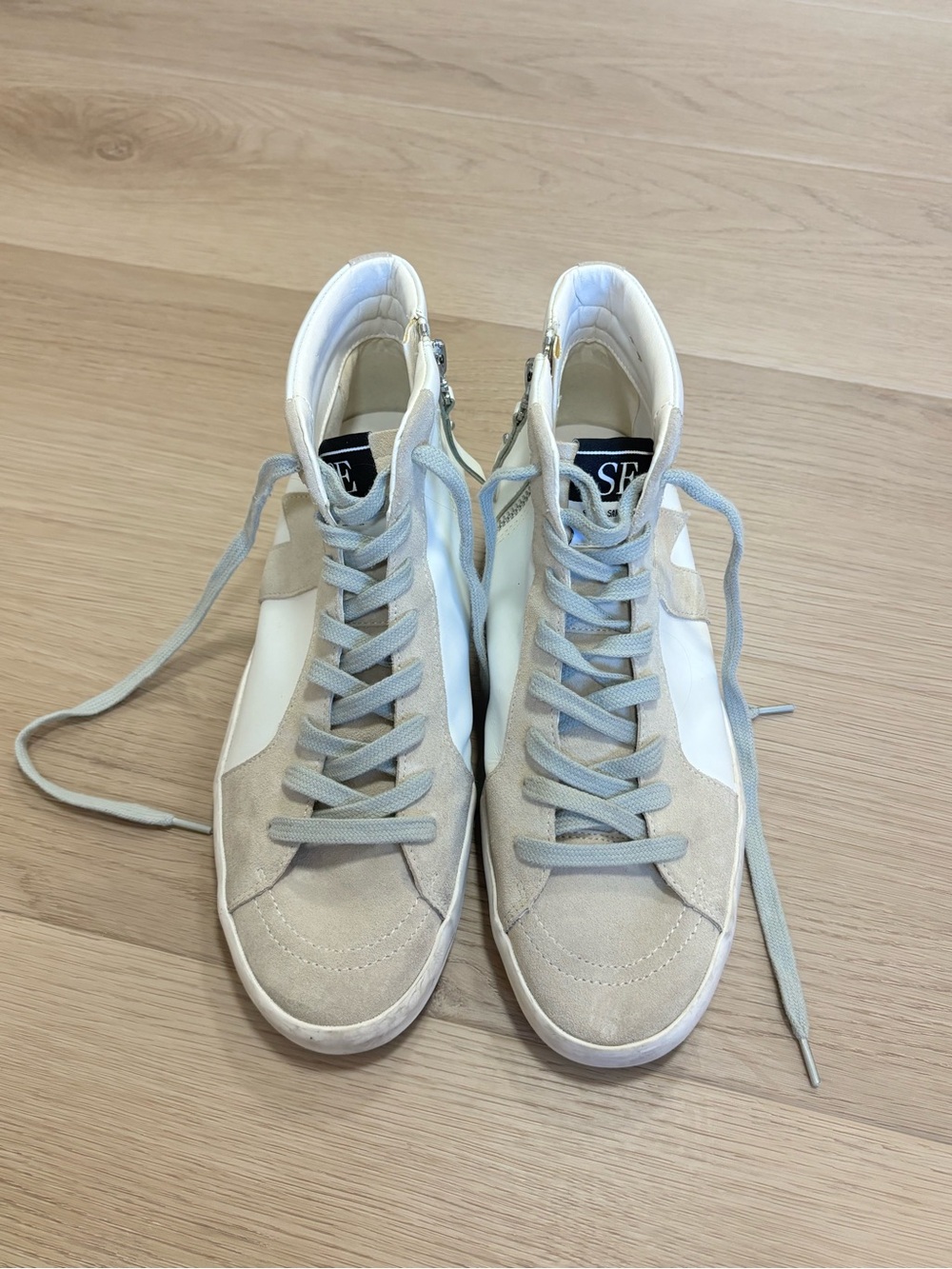 SAM EDELMAN High-Top Suede & Leather Sneakers in Beige and White